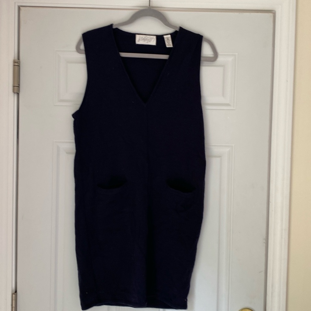 Lord and Taylor Tunic Dress Plunge V Neck 100% Wool Sleeveless Pockets Navy Blue